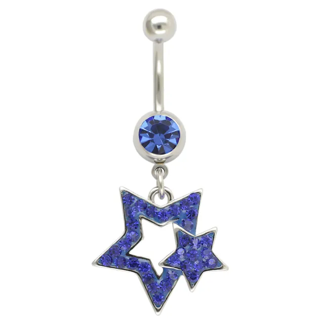 CZ Double Star Dangle Belly Navel Ring Paved Gems Button Piercing Jewelry 14G