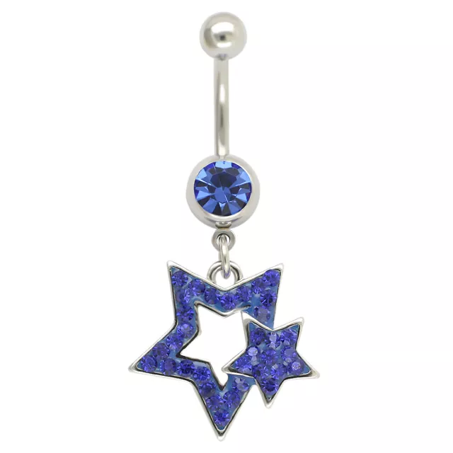 CZ Double Star Dangle Belly Navel Ring Paved Gems Button Piercing Jewelry 14G