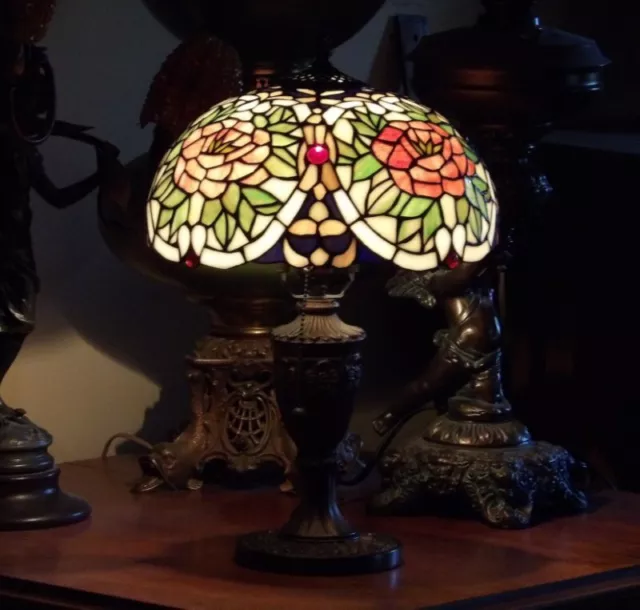 Vintage Antique Victorian Tiffany Style Red Pink Roses Shade Bronze Lamp 18"