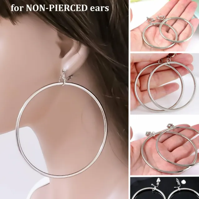 #E121C Pair NON-PIERCED CLIP ON Dangle THICK TUBE Hoop Earrings Big or Small New