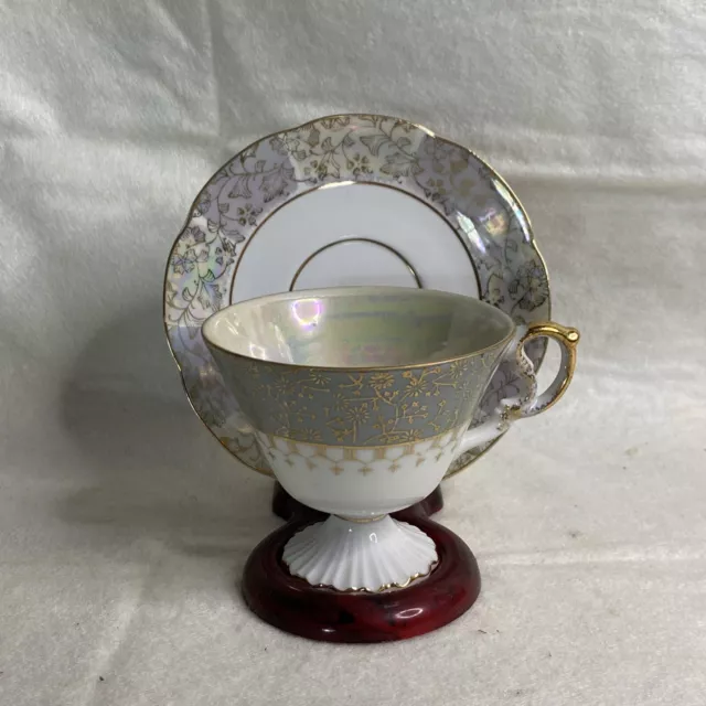 NAPCOWARE Lusterware Pedestal Teacup Gray Iridescent Gold Trim No Damage C-7215