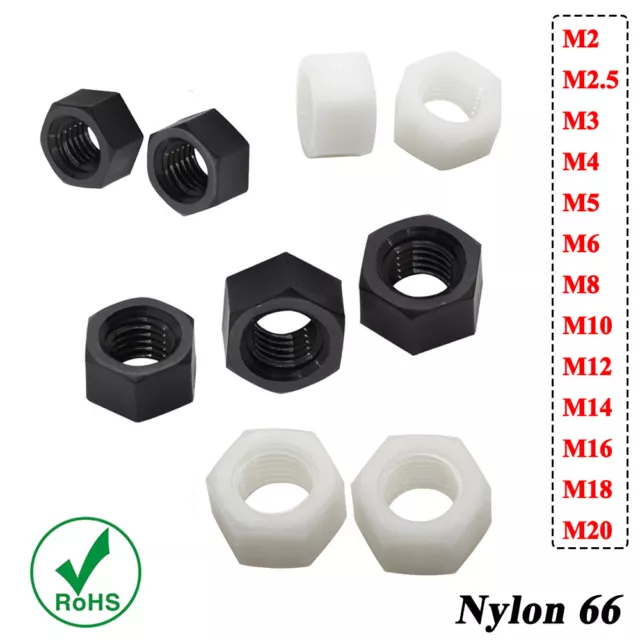 White / Black Nylon Plastic Hexagon Full Nuts Lock Nuts M2 to M12 Metric DIN 934
