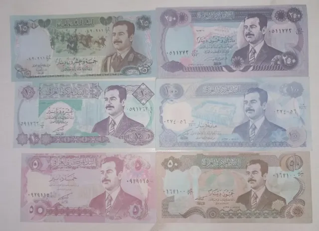 6 pcs  Banknotes Saddam Hussein  Iraq Dinar Paper Money Iraqi Print UNC set