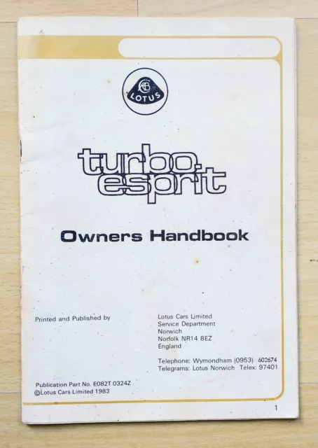 Lotus Turbo Esprit Owners Handbook/Manual (1983)