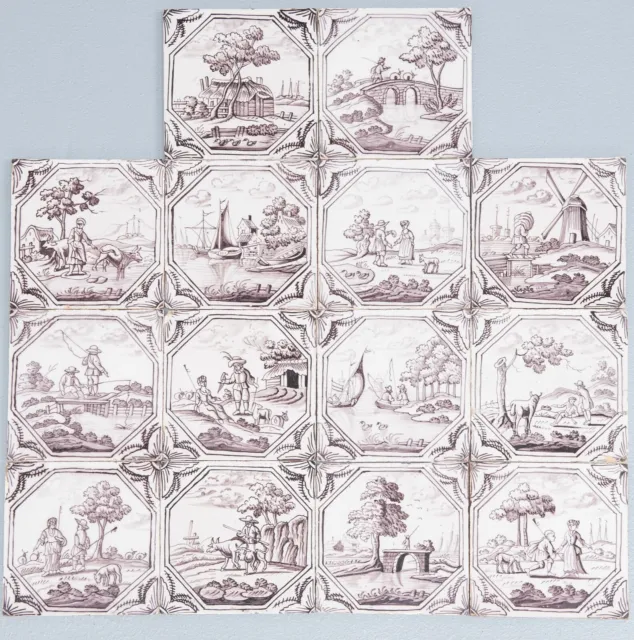 Nice large field of 14 Dutch Delft manganese tiles, fine landscapes, 18th ct.