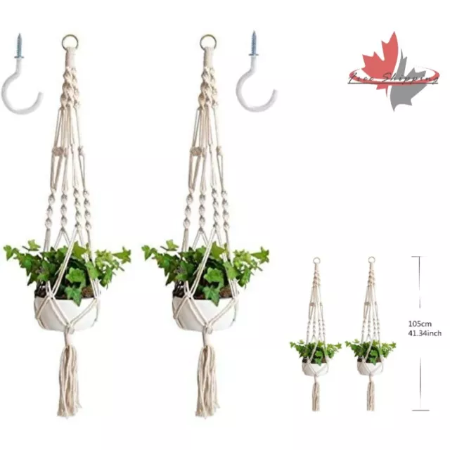 Handcrafted Macrame Plant Hangers - Natural Cotton - 2 Pack White with Hooks