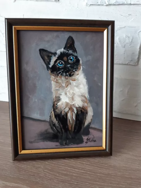 Peinture de chat siamois Pet Original Art encadré 7 par 5 Cat Blue Eyes...