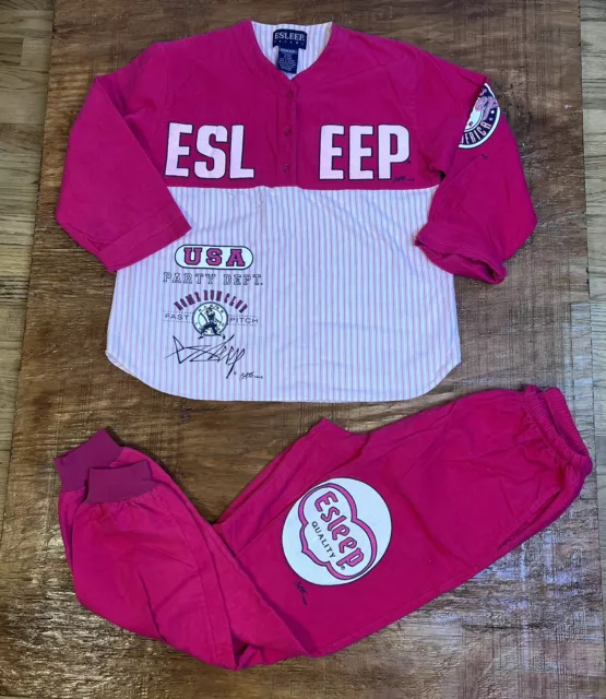 Vintage  Pastel Pink ESSLEEP Pajamas Baseball Home Run Club Size M  Retro 90’s
