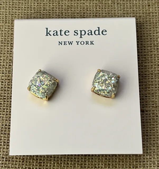 Kate Spade New York Mini Small Square Stud Earrings Opal Glitter Gold NEW NWT