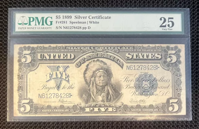 1899 $5 Five Dollar Silver Certificate Indian Chief FR#281 Speelman/White