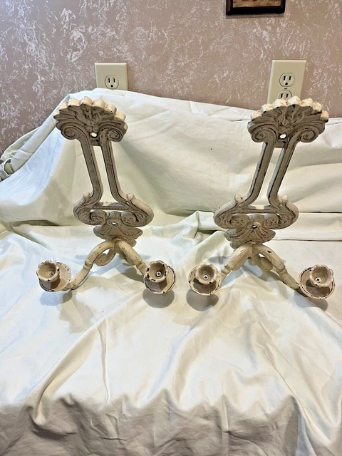 (2) Vtg Heavy Cast Iron Metal Candle Holder Wall Sconce Double Arm Neoclassical