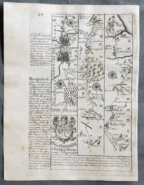 1720 Emmanuel Bowen Antique British Road Map - Chippenham to Axbridge, Somerset