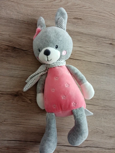 Doudou pantin Lapin rose blanc et gris étoiles TEX BABY  etat neuf 30/35cm