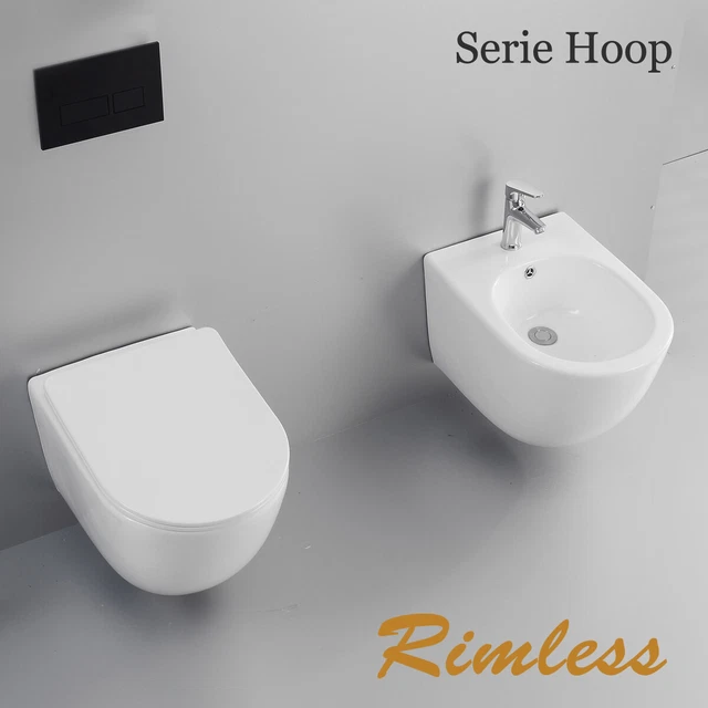 Set WC Con Bidet A Terra - Vaso Rimless (senza Brida), Coprivaso A Chiusura Soft, Colore Bianco, Moderno