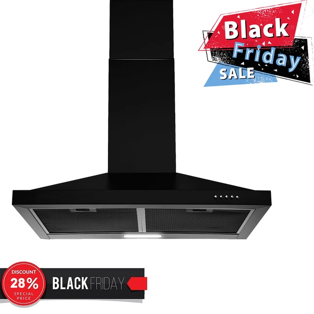 24in Wall Mount Kitchen Range Hood Ducted/Ductless 450CMF 3-Speed Vent LED Black