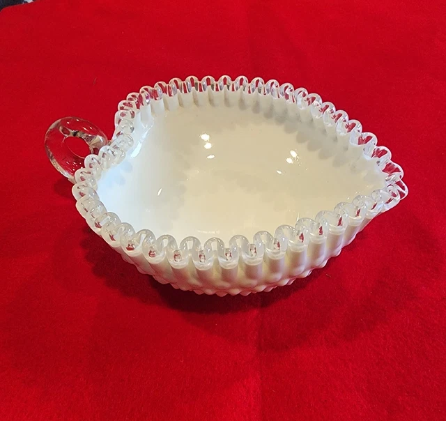 VINTAGE FENTON Heart Ruffle Silvercrest Milk Glass Candy Dish Bowl w/ Handle 9"