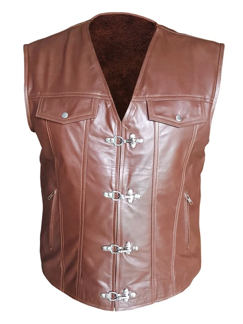 Da Uomo Sexy Vero pelle Marrone Cromo Gancio Motociclisti Stile Gilet
