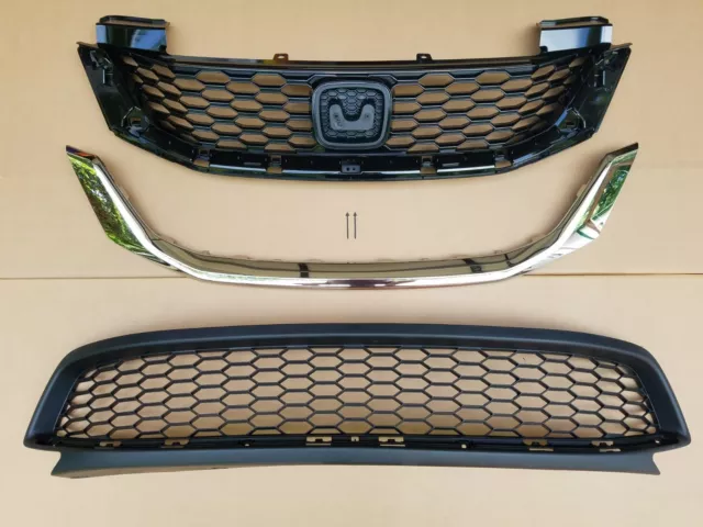 3PC Set 2013-2015 ACCORD COUPE Front Bumper Upper & Lower Grille w Chrome Trim