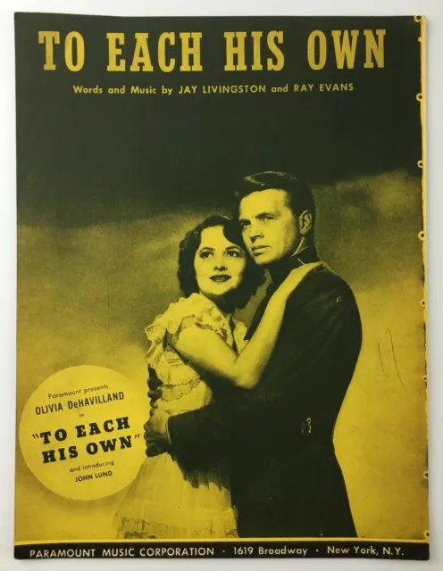 To Each His Own Oivia DeHavilland Sheet Music 1945 Piano John Lund Movie Vintage