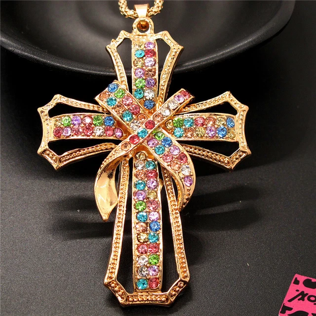 Betsey Johnson Colored Rhinestone Cross Bling Crystal Pendant Chain Necklace