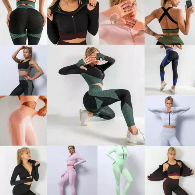 GYM SET WOMEN Anti-Cellulite 3pc Pieces High Waist Leggings Yoga Sport  Workout £27.98 - PicClick UK