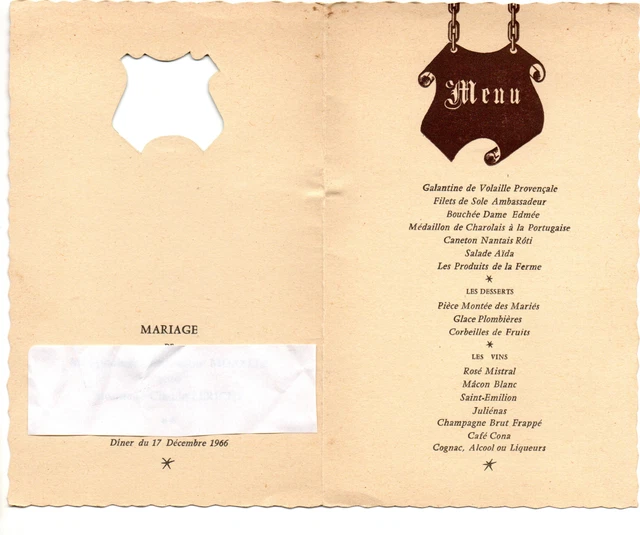 95 Silver. LA CLOSERIE D'ORGEMONT.  December 17, 1966 Wedding Menu. 2
