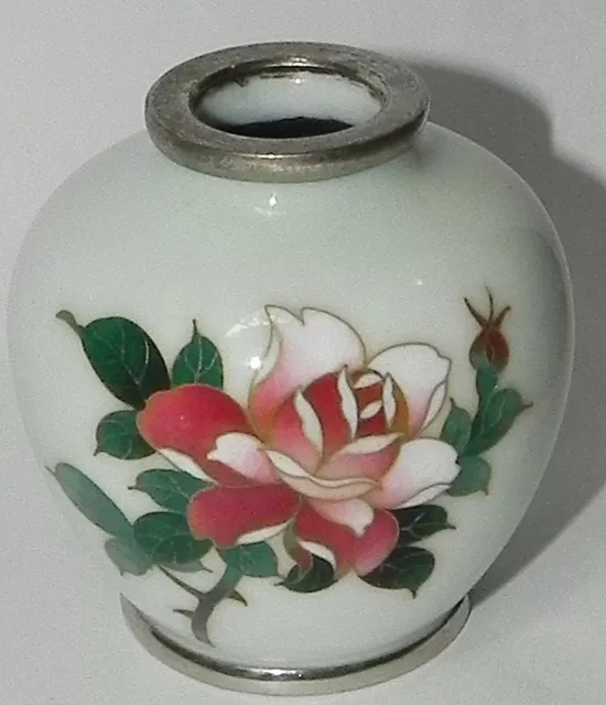 Antique Miniature White wireless Japanese Cloisonne Vase with Single Rose design