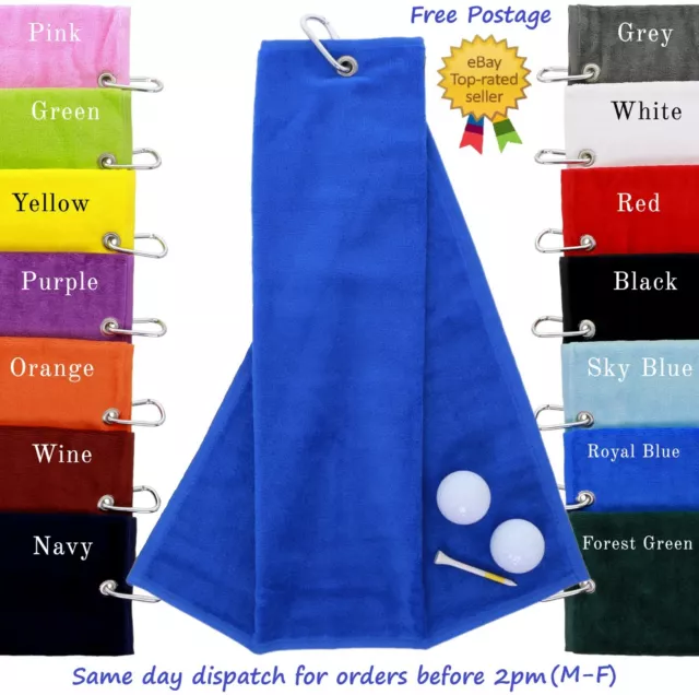 Tri Fold Velour Golf Towel With Carabiner Clip Plain Golfing Towels