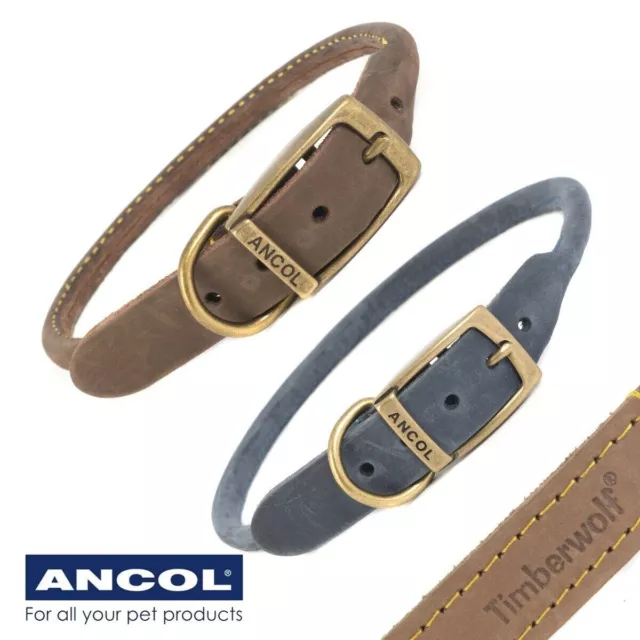 ANCOL™ LEATHER DOG COLLARS Rounded Timberwolf Long Haired Adjustable Small-Large