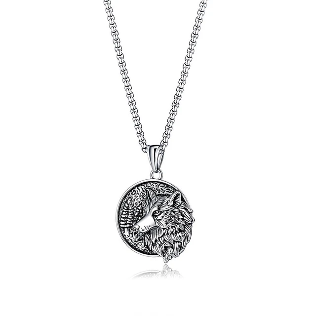 Stainless Steel Men's Norse Viking Wolf Lion Head Celtic Medal Pendant Necklace