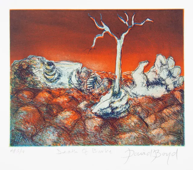 David BOYD Death of Burke- Signed Original Etching Modern Art, Surreal Landscape