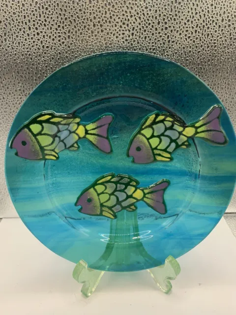 Studio Art Glass Jan Mitchell Signed Fused Art Glass Fish Plate Blue 8"D