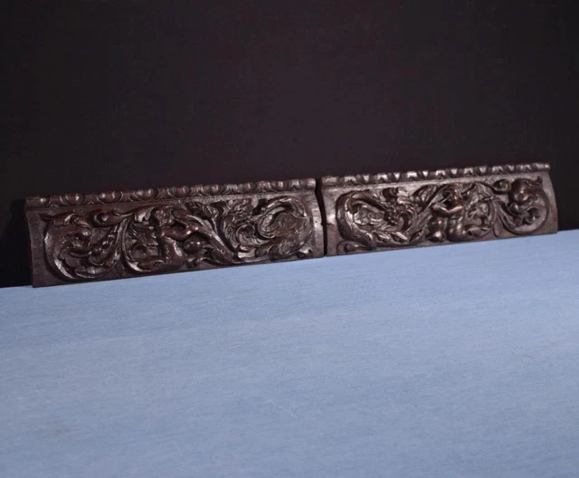 *Pair of French Antique Hand Carved Architectural Trim Panels in Solid Oak Wood 3