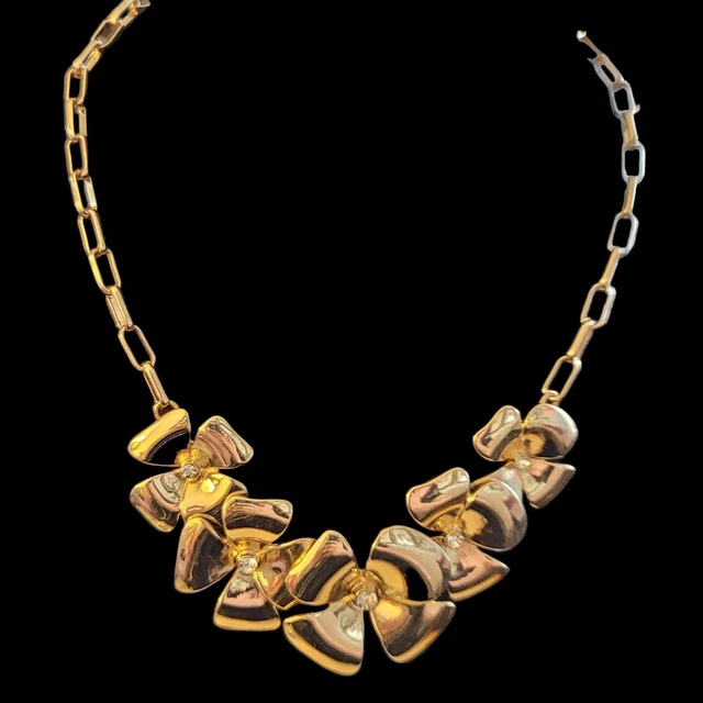 Vintage Statement Necklace Floral  Gold Tone Center Rhinestone Link Chain 18"