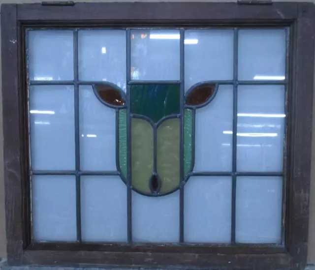 MIDSIZE OLD ENGLISH LEADED STAINED GLASS WINDOW Cute Geometric 24.75" x 21.5"