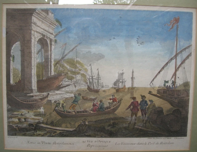 Superbe vue d'optique,gravure, eau forte, XVIIIe  Le Lorrain port Roterdam