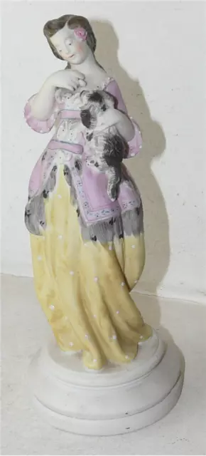 Femme Au Chien Statuette Ancienne En Biscuit Polychrome