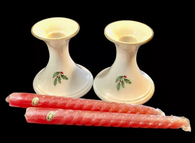 Lenox Holiday Christmas Candle Holders Special Ed. Pair Vintage New + 8" candles 2