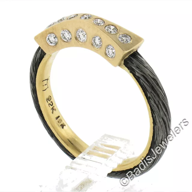 Namu Cho 22k Oro & Damasco Acero 0.28ctw Diamante Apilable Banda Anillo Talla 2