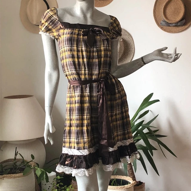 Robe Paysanne Neuve Des Filles à La Vanille - Taille 40 - Midi En Coton/viscose - Couleur Marron/jaune Ocre - Motif Carreaux