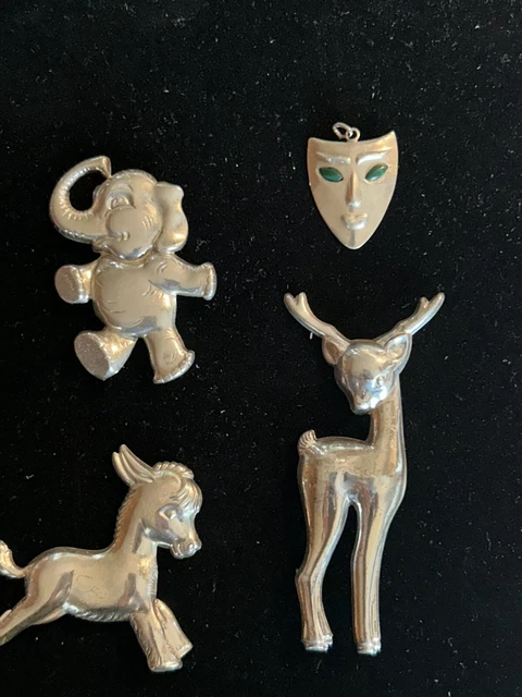 Vintage Sterling Silver Jewelry Lot: Elephant, Fawn, Pony & Face 
