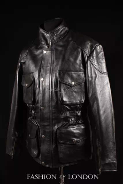 Men's 'HUNTER MOTORCYCLE' Black Cowhide Leather Safari Biker Motorbike Jacket