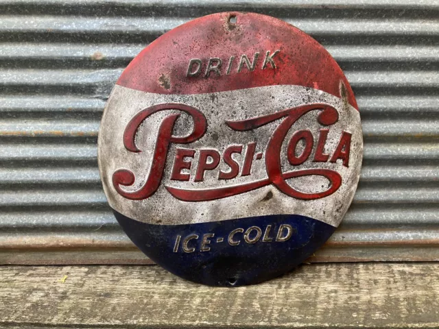 Pepsi Cola Metal Sign Pepsi Bottle Button Sign Soda Pop Beverage 14 Inch