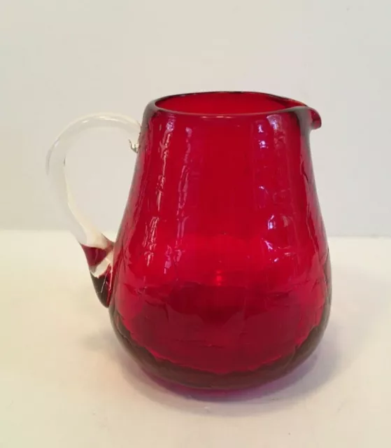 Hand Blown Crackled Glass Creamer Pitcher Vase Jug Ruby Red Clear Handle 3.5" H