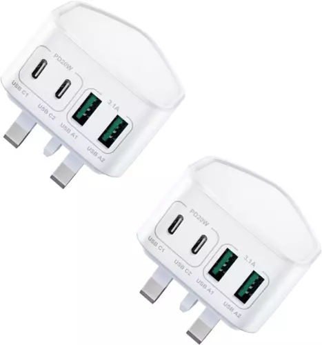 2 confezioni spina USB C, 40 W spina caricabatterie rapido 4 porte Regno Unito doppio tipo C bianco