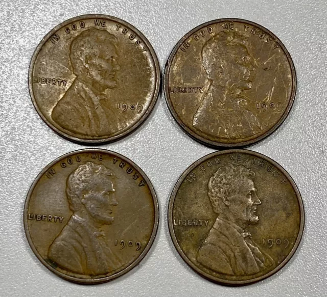 1909 VDB Lincoln Cents 1c Lot of 4 Wheat Pennies