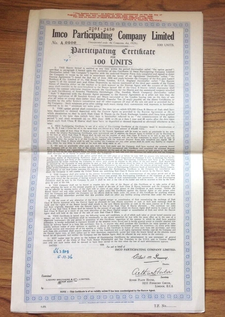 Imco Participating Co. Ltd 100 Units Share Script  Certificate 1936 .Free UK P&P