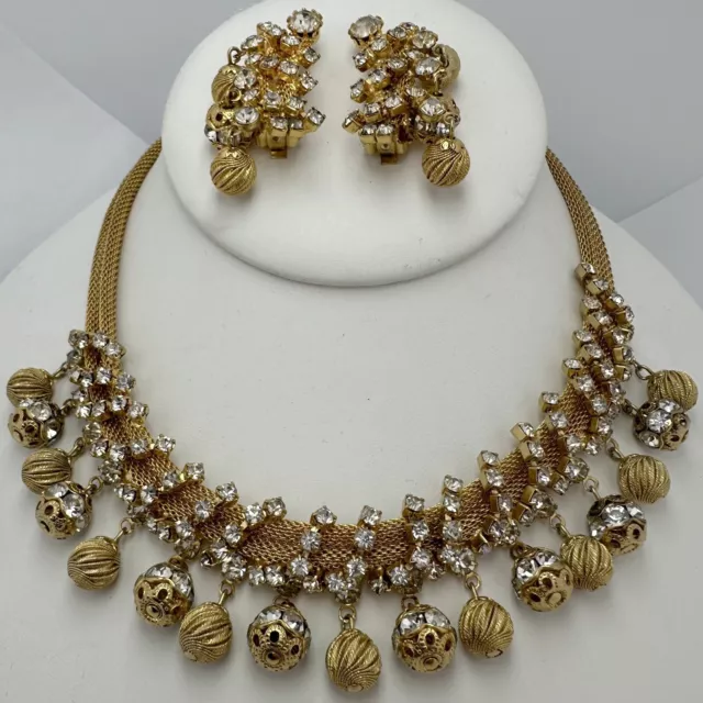 Vintage Hobe Gold Plate Mesh Crystal Rhinestone Dangle Necklace & Earrings Set