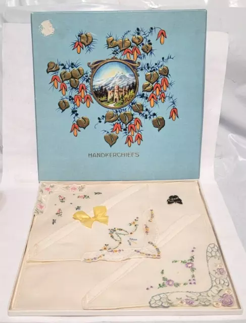 Vintage OPAL  Hand Loom Embroidery Ladies Fine Handkerchiefs 3 In Box