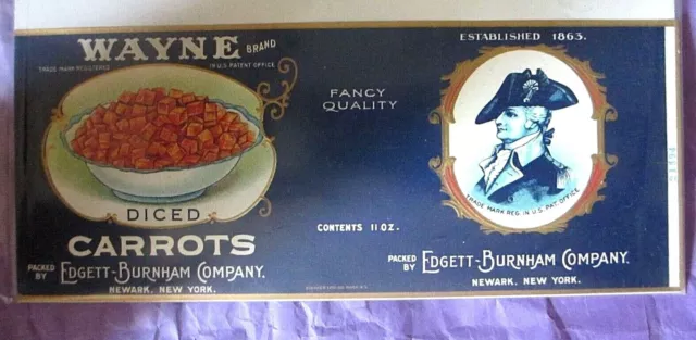 Vintage Unused Vegetable Can Label - Wayne Brand Diced Carrots, Edgett-Burnham